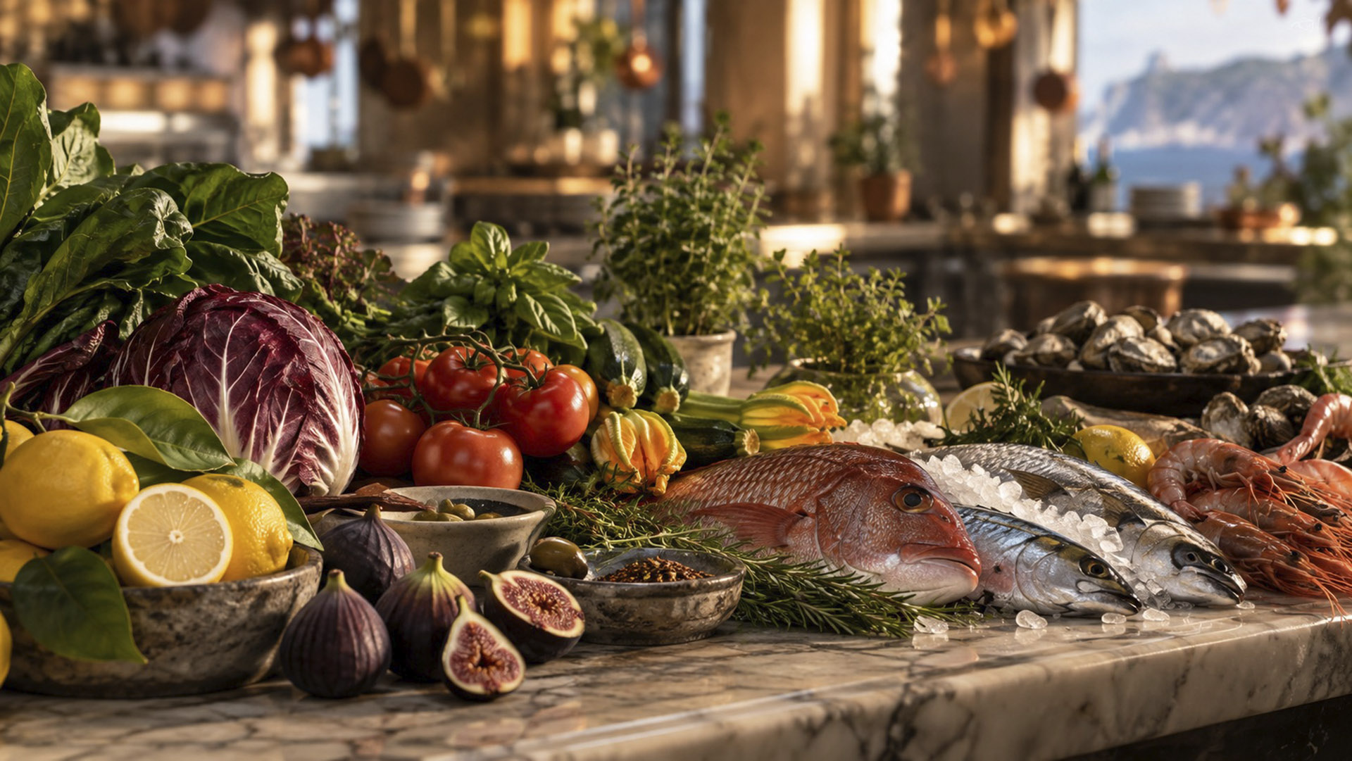 Verdure, pesce e frutta di stagione sul banco di cucina